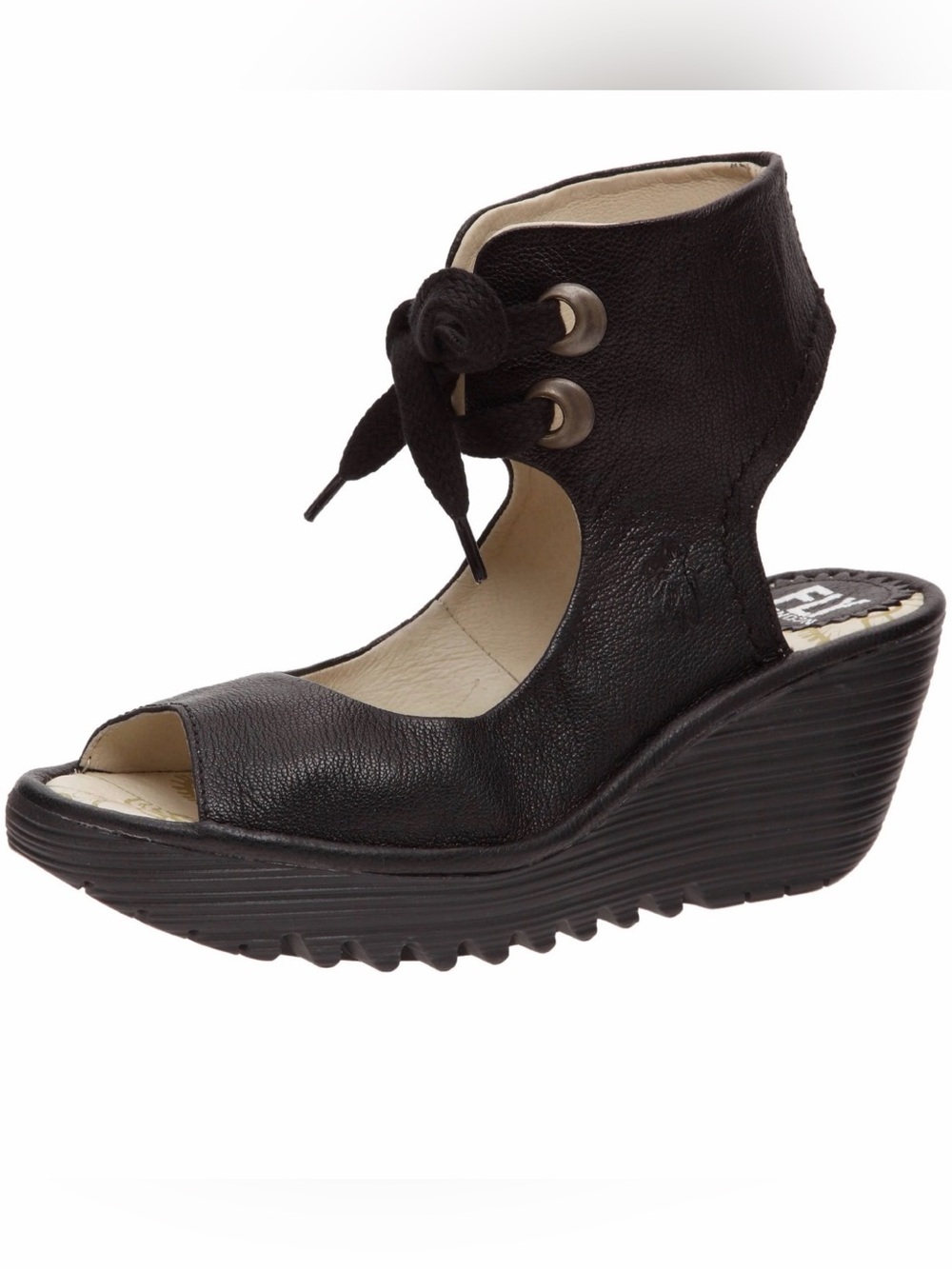 Fly London Yaffa Women’s Black Leather Ankle Strap Lace Up Open Wedge Sandals 39